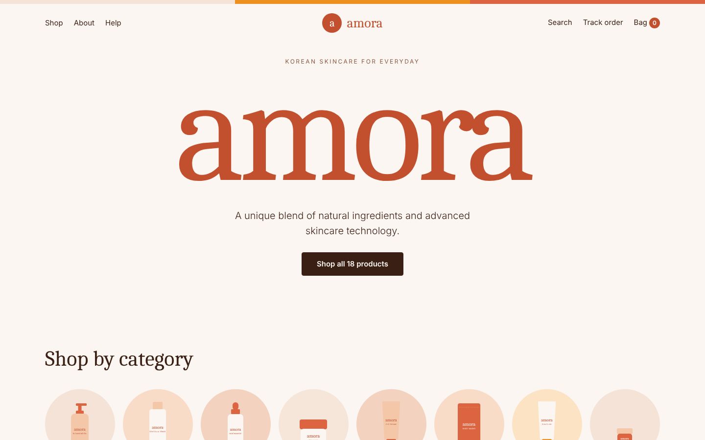 amora · Home page hero and shop by category